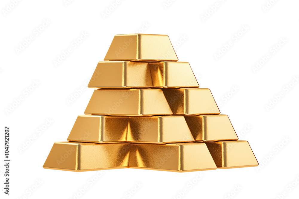 Poster stack of gleaming gold bars on a white isolated background isolated on transparent background.