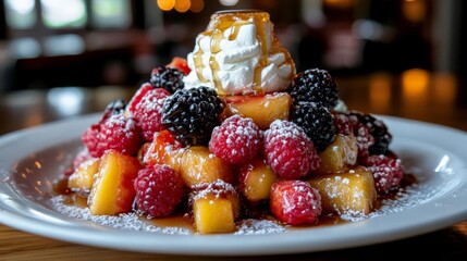 Colorful Fruit Salad with Whipped Cream and Honey Drizzle