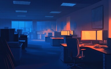 A dimly lit office space with glowing computer screens, creating a moody atmosphere.