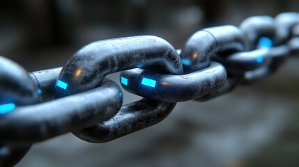 Close-up of a metal chain with glowing blue links.