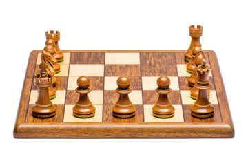 Wooden chessboard with carved pieces ready for a strategic game, isolated on white background. isolated on transparent background.