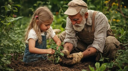 Grandfather and Granddaughter Planting Together in Garden