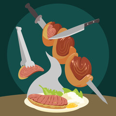 Bbq buffet, churrasco no espeto, bbq stick, picanha, rump steak on plate wish side dishes ilustration