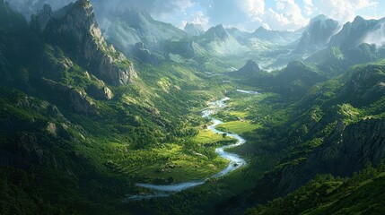 Obraz premium Serene Green Valley with Winding River