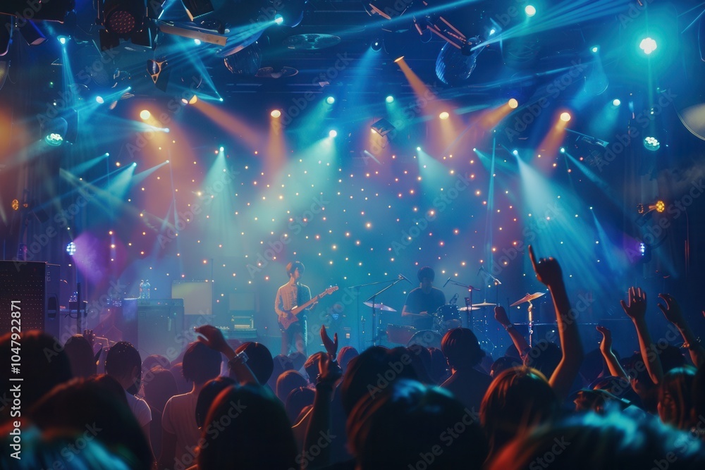 Poster musicians perform on stage with sparkling lights as a lively audience dances and cheers, immersed in