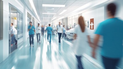 A bustling hospital corridor during the day, with doctors, nurses, and patients moving quickly in various directions, creating a sense of urgency and activity