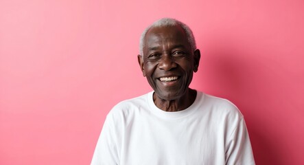 Obraz premium african elderly man pink background wearing plain white tshirt smiling happy portrait