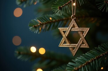 Close-up of a hexagonal star in the form of a decoration on a Hanukkah bush on the right side, a star of David on a Christmas tree