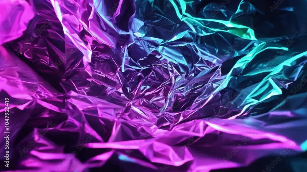 Poster The image captures crumpled foil illuminated in shades of blue and purple, forming a captivating spiral pattern that draws the viewer in with its luminous colors and texture.