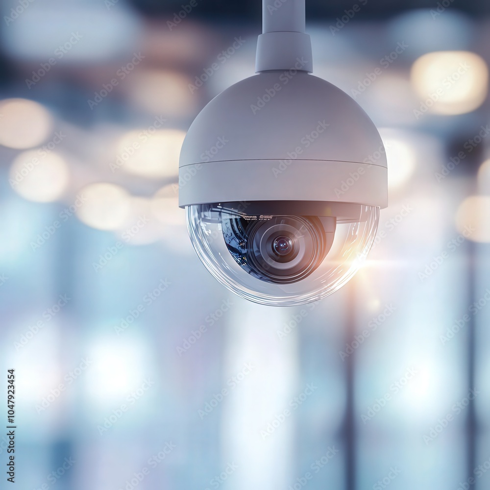 Poster modern surveillance camera hanging in a softly lit environment for security monitoring