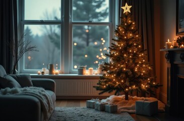 Christmas tree decorated with a garland stands in front of a window in a dark room with a sofa and gifts under the tree in craft boxes with red ribbon, outside winter forest at dusk