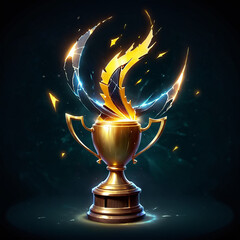 A golden trophy with a wooden base, a circular top, and two handles sits on a dark green background. Above the trophy, shattered golden wings with blue and yellow lightninglike effects surround it.