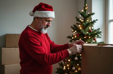gray-haired old man in santa claus hat and red sweater packs or unpacks a cardboard moving box, christmas tree in the background, christmas and new year moving concept