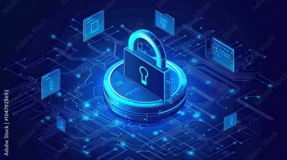 Poster digital security concept with lock and technology background