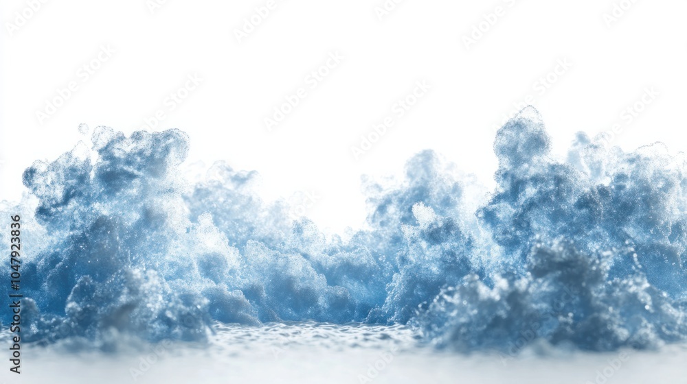 Poster frosty abstract background with floating snow and shimmering light in cool blue tones, isolated on w