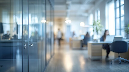 Fototapeta premium Modern office, long floor to ceiling windows, busy company staff