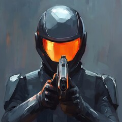 Fototapeta premium A futuristic figure in a dark suit points a handgun, exuding a menacing aura.