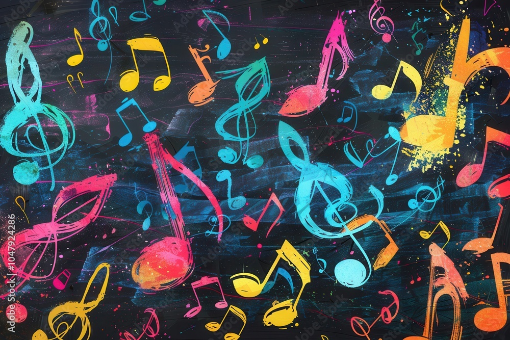 Leinwandbilder a chalkboard displays a dynamic mix of bright brushstrokes and musical notes, creating an inspiring 