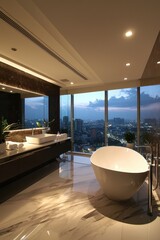 Fototapeta premium Sleek Penthouse Bathroom with Panoramic City Views