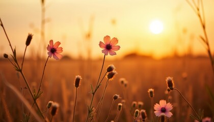 Obraz premium Sunsets warm glow illuminates wildflowers in a field