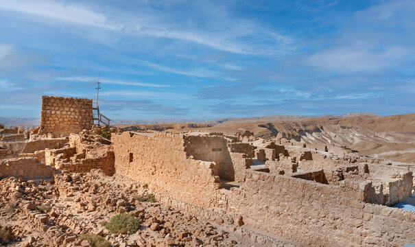 Masada Fortress, an ancient fortification at Judea Desert, near Dead Sea. Herod the Great fortified Masada in 31 BCE, where 960 sicarios committed suicide during a siege by Roman troop. Israel, 2016.