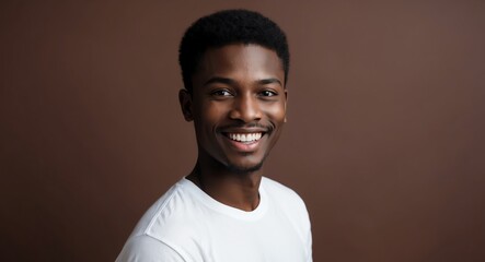 Fototapeta premium african young man brown background wearing plain white tshirt smiling happy portrait