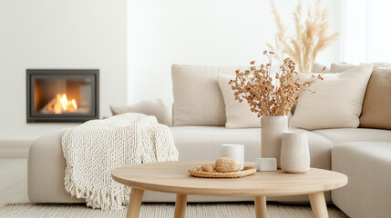 Cozy living room with neutral decor and warm ambiance