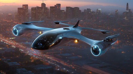 Futuristic Flying Vehicle Over Cityscape