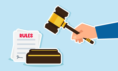 A hand holding a gavel about to strike next to a paper labeled rules, illustration of decisions on establishing rules applicable in business