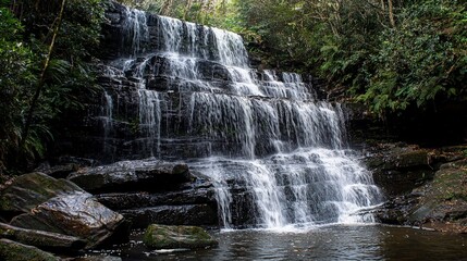 Obraz premium A cascading waterfall flows over moss-covered rocks in a lush green forest.