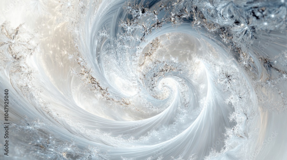 Poster frosty abstract background with swirling ice patterns and glowing snowflakes, isolated on white