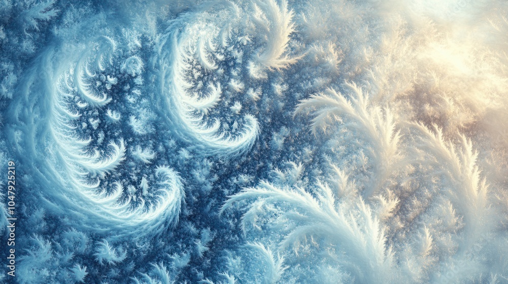 Poster frosty abstract background with swirling ice patterns and glowing snowflakes, isolated on white