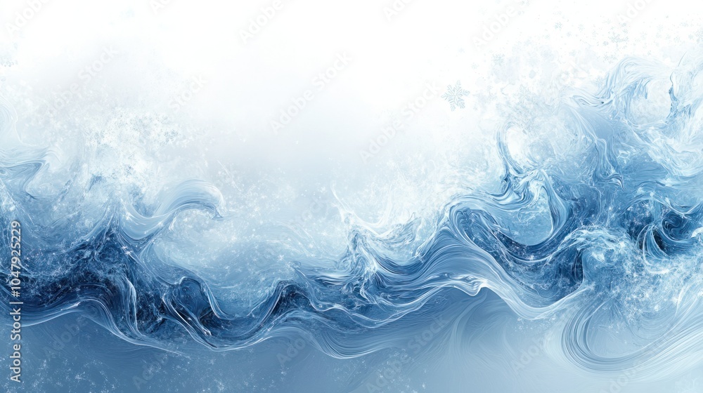 Poster frosty abstract background with swirling ice patterns and glowing snowflakes, isolated on white
