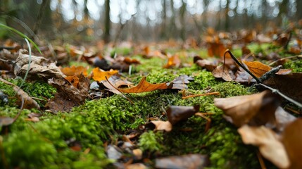 Obraz premium A close-up view of green moss covered forest floor with scattered autumn leaves.