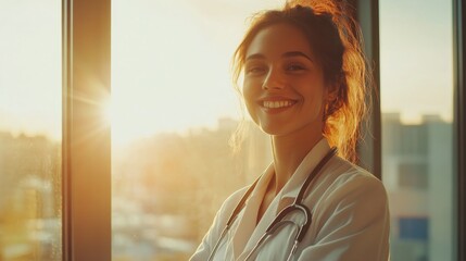 A confident, smiling doctor standing by a window in a hospital, with sunlight illuminating their face and a stethoscope around their neck, representing optimism in healthcare