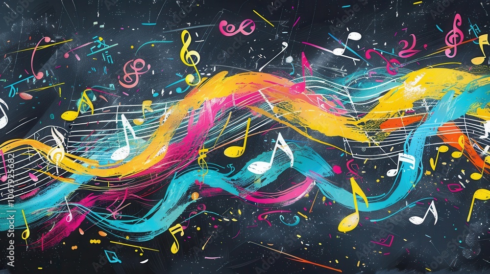 Aufkleber the chalkboard displays an explosion of color with brushstrokes intertwined with musical notes, evok