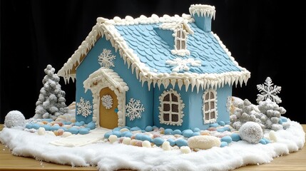 A delightful gingerbread house covered in icing and candies, surrounded by snowflakes and festive decorations, embodying the warmth of a cozy winter