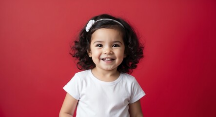 hispanic latino toddler girl red background wearing plain white tshirt smiling happy portrait