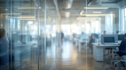 Fototapeta premium Modern office, long floor to ceiling windows, busy company staff