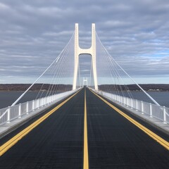 Obraz premium A suspension bridge stretching over water under a cloudy sky.