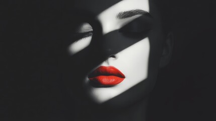 Obraz premium The power of contrast, woman in red lipstick against a black background captivating portrait photography study