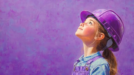Naklejka premium Young Girl in Purple Hard Hat Looking Upwards