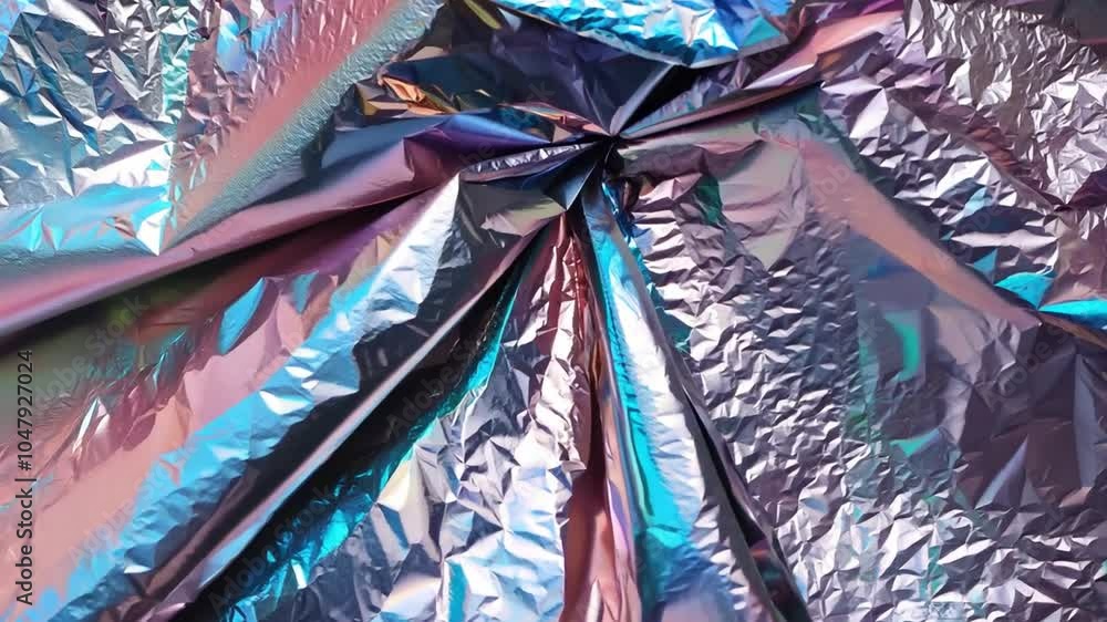 Poster The crinkled surface of metallic foil catches and reflects light, showcasing a spectrum of colors in a dazzling display. The texture and shine create an engaging visual effect.