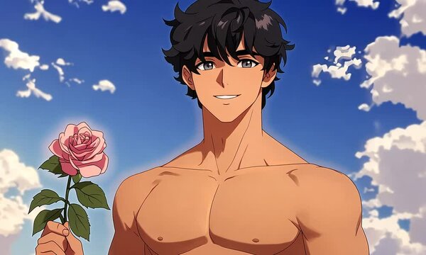 Romantic Fitness Anime Guy Character Holding Rose: Valentine Video