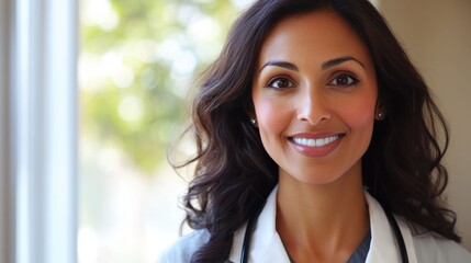 A close-up portrait of a female doctor smiling warmly at the camera, wearing a stethoscope and standing in front of a window with natural light