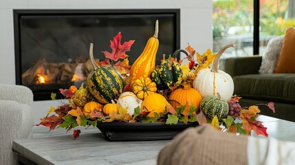 Fototapeta premium A large arrangement of gourds and pumpkins in a black bowl on a coffee table in front of a fireplace with a cozy knitted throw.