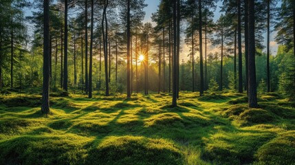 Fototapeta premium Serene forest landscape with sunlight filtering through trees.