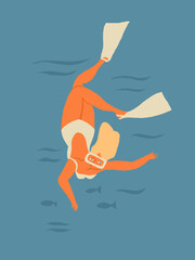 Snorkeling Girl exploring Tropical Waters. Minimalist Ocean vector Illustration. 