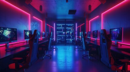 Fototapeta premium Gamers are gathered in a vibrant gaming club filled with consoles and computers, enjoying competitive and cooperative gameplay together. Generative AI