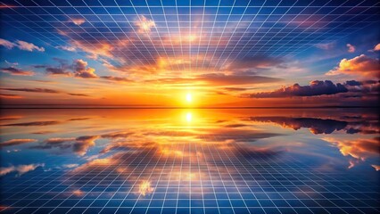 Symmetrical synthwave sunset over reflective grid landscape